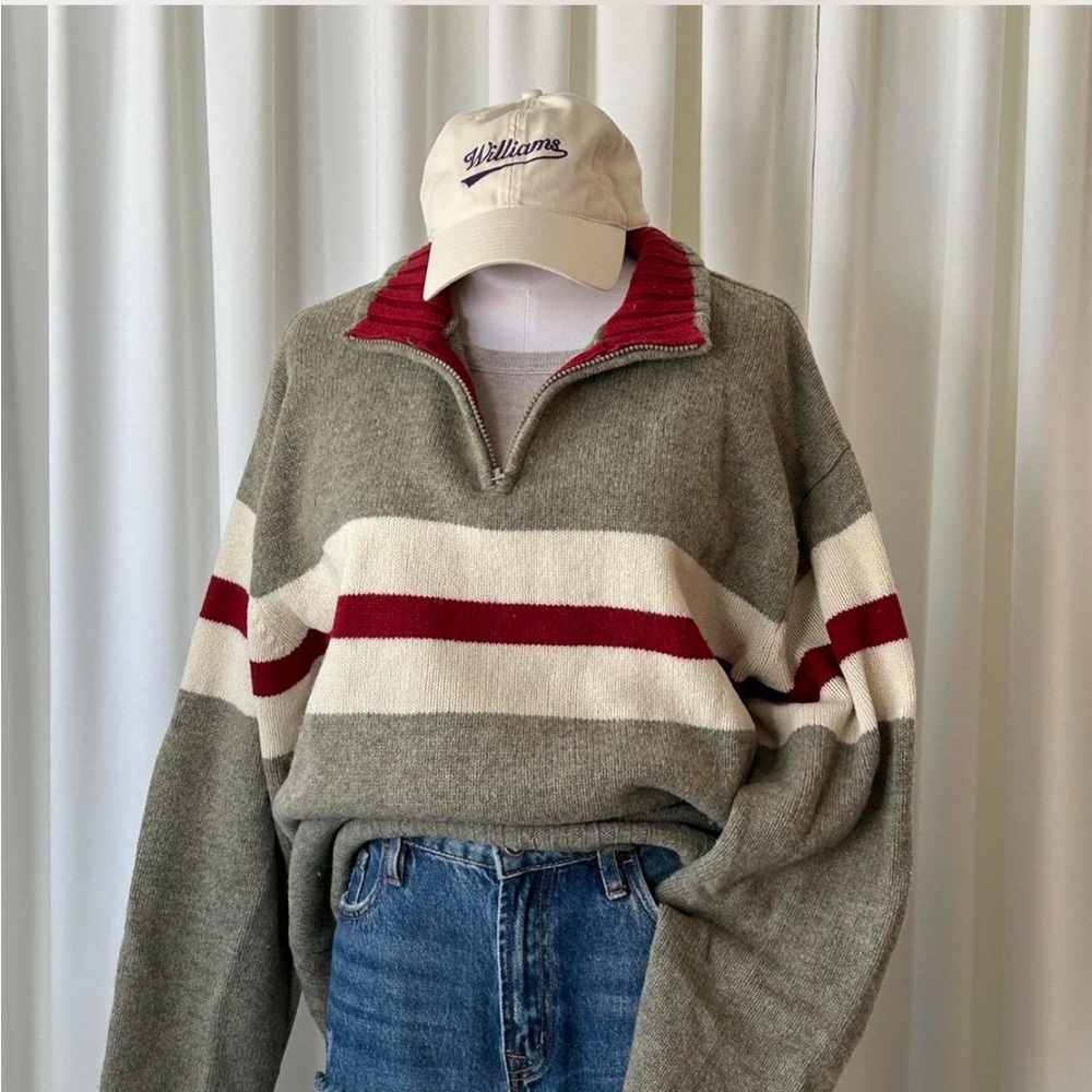 GAP Olive Green, Cream & Burgundy Half-Zip Stripe Sweater - Picture 2 of 8